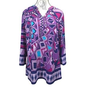 Chicos Top Womens 1/Medium 3/4 Sleeve V-Neck Geometric‎ Artsy Tunic